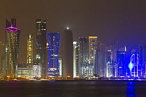 Night skyline of buildings in Doha, Qatar, Arabian Gulf. May 2011, digital original