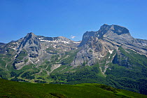 View over the Cirque de Gourette and the Massif du Ger seen from the Col d'Aubisque in the Pyrenees, France, June 2012