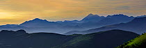 Mountain ranges at sunrise seen from the Col d'Aubisque in the Pyrenees-Atlantiques, Pyrenees, France, June 2012