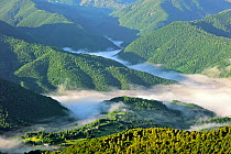 Low lying mist in the valleys at sunrise, seen from the Col de Portel, Midi-Pyrenees, Pyrenees, France, June 2012