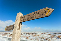 Pennine Way signpost to Mill Hill, near the A57 Snake Pass road, Peak District National Park, Derbyshire, England, UK, February 2012