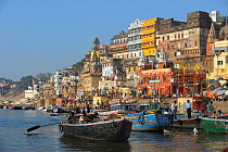 View along the ghats next to Ganges river, Vanarasi / Benares, India, February 2012