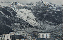 Reproduction of early 20th century postal card possibly by Chr. Brennenstuhl, showing glacier 'Rhone Glacier' in Swiss Alps and mountains with buildings in foreground. Compare with image 01403313 show...