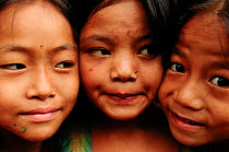 Young girls in Ranagaon village, 1.980m, Manaslu Conservation Area, Himalayas, Nepal October 2009