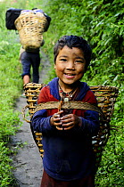 Boy with basket for carrying,  in the Budhi Gandaki river valley. Manaslu Conservation Area, Himalayas, Nepal, October 2009. No release available.