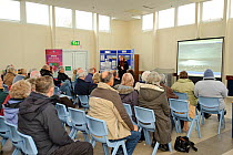 An event to introduce the local community to the RSPB Wallasea Wild Coast Project. Project manager, Chris Tyas, shows visitors a film, explaining the project and the plans for the future of Wallasea I...