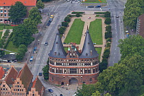 Aerial view of Holstentor, Lubeck, Schleswig-Holstein, Germany, July 2012