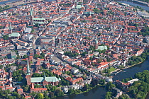 Aerial view of Hanseatic City of Lubeck, water-enclosed Old Town, UNESCO World Cultural Heritage, Schleswig-Holstein, Germany, May 2012