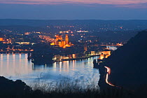 Looking down at Passau at night with three rivers flowing together - the Inn, Ilz and Danube - Bavaria, Germany