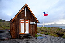 Chapel and chilean flag at Cape Horn, Cape Horn National Park, Cape Horn Island, Terra del Fuego, Chile, South America. February