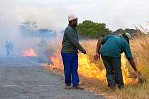 Controlled burning to create firebreak in front of wild fire, Imfolozi Game Reserve, Kwazulu Natal, South Africa, June 2012