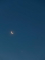 The Moon (waning crescent) with Venus (below) and Jupiter (above) as seen just before sunrise on the morning of 15 July 2012 from Aurora, Colorado, USA