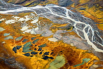 Aerial view down river to the east of the Hofsjakull glacier and west of the Sprengisandur upland desert. Innumerable rivulets flow from beneath the glacier in this area of tundra which abounds in pon...