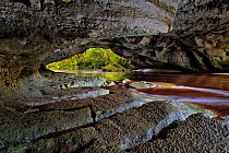 Limestone Arch on the Oparara River known as 'Moria Gate'. The Oparara river system has been sculpting the limestone into an intriguing complex of caves, arches and channels for millions of years Opa...