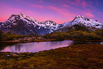 Key Summit and the Darren Mountains in dawn light with a colour sky, taken from Key Summit (918m), the prominent peak is Mount Christina (2474), Key Summit, Fiordland National Park, Southland, South I...