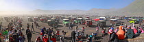 Panoramic view of people and jeeps at Mount Bromo, Java, Indonesia