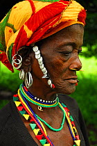 Bedik woman with traditional necklaces and beads.  Bassari country, east Senegal. This area became a UNESCO World Heritage site in 2012, for cultural landscape and traditions kept by the the Bassari,...
