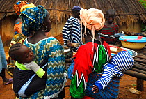 Bassari women carrying their babies on their backs. Bassari country,  east Senegal. This area became a UNESCO World Heritage site in 2012, for cultural landscape and traditions kept by the the Bassari...