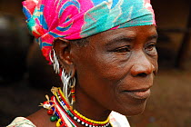 Bedik woman with traditional necklaces and beads.  Bassari country, east Senegal. This area became a UNESCO World Heritage site in 2012, for cultural landscape and traditions kept by the the Bassari,...