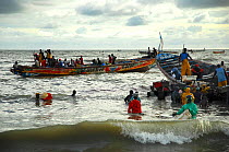 Fishermen on the beach in Mbour, in the 'Petite Cote', south of Dakar, Senegal, September 2006. No release available.