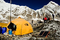 People camping at Everest Base Camp (5.300 m), Khumbu glacier,  Sagarmatha National Park (World Heritage UNESCO). Khumbu / Everest Region, Nepal, Himalaya, October 2011