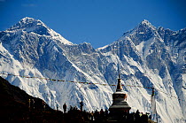 Everest and Lhotse viewed from buddhist stupa, Sagarmatha National Park (World Heritage UNESCO). Khumbu / Everest Region, Nepal, Himalaya, October 2011.