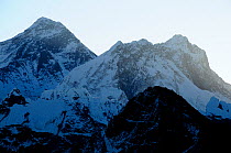 Everest (8848m), Lhotse (8501m) and Makalu (8463m) seen at sunrise from Gokyo Ri (5360m)  Sagarmatha National Park (World Heritage UNESCO). Khumbu / Everest Region, Nepal, Himalaya, October 2011.
