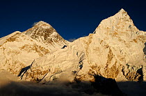 Everest (8848m) and Nuptse (7879m) at sunset, Sagarmatha National Park (World Heritage UNESCO). Khumbu / Everest Region, Nepal, Himalaya, October 2011.