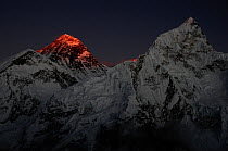 Last light on the top of Everest (8848m), with Nuptse in shadow, Sagarmatha National Park (World Heritage UNESCO). Khumbu / Everest Region, Nepal, Himalaya, October 2011.