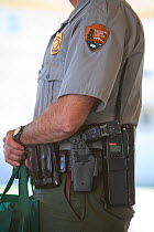 Park Ranger carrying taser gun in Mammoth Hot Springs, Yellowstone National Park, USA, where rutting bull elk come into town and tourists can be injured. October 2008.