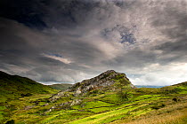 A landscape view of Clogwyngarreg, a small rocky outcrop near Beddgelert, Snowdonia NP, Wales, August.