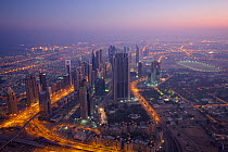 Aerial View of Dubai city in the early morning, looking towards Sheikh al zayed road, Dubai, UAE, January 2010