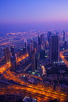 Aerial View of Dubai city early morning, looking towards Sheikh al zayed road, Dubai, UAE. January 2010. No release available.
