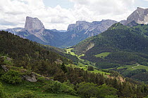 View of Mont Aiguille, seen  from the Pas du Serpaton, Parc Naturel Regional du Vercors, France, June 2012.