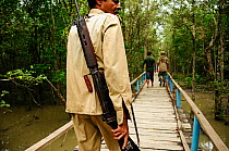Armed guard in the Sundarbans national park. Tourist groups are accompanied by an armed guard as this area has the largest population of tigers in Asia, and also the highest number of tiger attacks on...