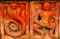 An image of Buddha and a cobra engraved in stone Somapura Mahavihara Buddhist Monastery, Paharpur. World Heritage, UNESCO. Bangladesh, June 2012.