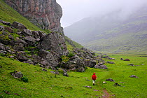 Woman hiking on a rainy day in the Aguas Tuertas in Hecho valley, Los Valles Occidentales Natural Park, Pyrenees, Aragon, Spain. Model released.