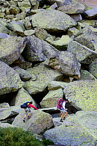 Hikers crossing  scree  along the 'Carros de foc' trail, Boi valley, Aiguestortes i Estany de Sant Maurici National Park, Pyrenees, Catalonia, Spain. No release available.