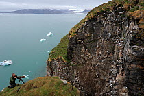 Kittiwake colony (Rissa tridactyla) on cliff with photographer nearby, Svalbard, Norway July 2011