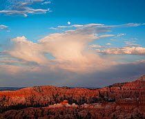 Moon rising over the eroded Claron Formation hoodoos, below Sunset Point, as rain clouds sweep across the horizon. Bryce National Park, Utah. July 2012.
