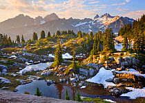 Sunrise at remote alpine lake basin, Cascade mountains, Washington's Alpine Lakes Wilderness, Washington, USA, August 2012.