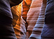 Reflected light on various sandstone surfaces in a narrow slot canyon in Arizona, USA, June