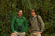 Ornithologist Edwin Scholes and photographer Tim Laman, portrait in the cloud forest at Tari Gap, Papua New Guinea