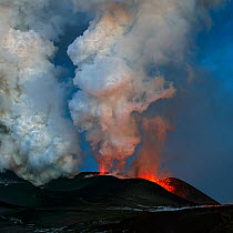 Ash plume and lava erupting from Plosky Tolbachik Volcano, Kamchatka Peninsula, Russia, 5 December 2012