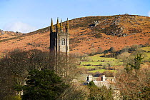 Widecombe-in-the-Moor church tower against hillside. Dartmoor National Park, Devon, February 2011.
