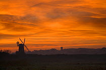 Cley Mill and Blakeney Church at sunset, Norfolk, December 2006
