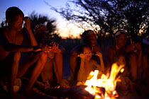Zu/'hoasi Bushmen men, women and children sit around a fire at dusk in the Kalahari, Botswana. April 2012.