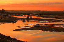 Burnham Overy Staithe harbour at sunset, Norfolk, England, November