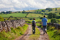Man and woman walking along track, rear view,  above Monsal Dale near Brushfield, Peak District National Park, Derbyshire, UK. August 2012