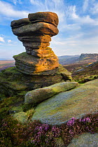 A millstone grit formation known as the 'Salt Cellar' on Derwent Edge, with Common Heather (Calluna vulgaris) in bloom, Peak District National Park, Derbyshire, UK. September.